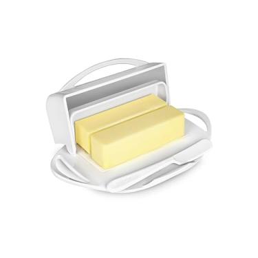 Imagem de Butterie Manteiga flip-top com tampa e faca combinando, comporta 2 palitos/manteiga europeia, suporte de manteiga sem bagunça, à prova de estilhaçamento, pode ser lavado na lava-louças, branco