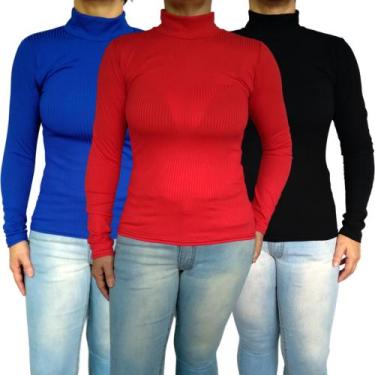 Imagem de Kit 3 Blusinhas Femininas Gola Alta Manga Longa Justas Lisas Cores Sor
