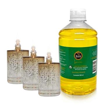 Imagem de Kit 3 Lamparina Sonhos Dourados + 500 ml Fluido Citronela - Velas Bist