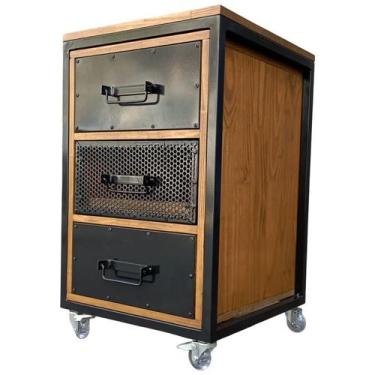 Imagem de Mesa de Cabeceira Gaveteiro Modelo Cubo Industrial - Ferro e Madeira -