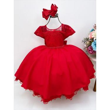 Imagem de Vestido infantil vermelho c/ renda strass pérolas princesas - D-luxe, 