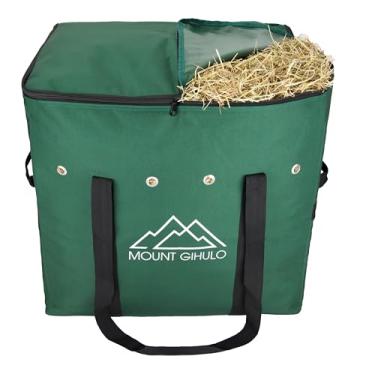 Imagem de MOUNT GIHULO Saco de feno para cavalos - Saco de feno de cavalo de poliéster 900D, bolsa de armazenamento de feno - alças de transporte, impermeabilização de PVC, fardo de 2 cordas (verde caçador,