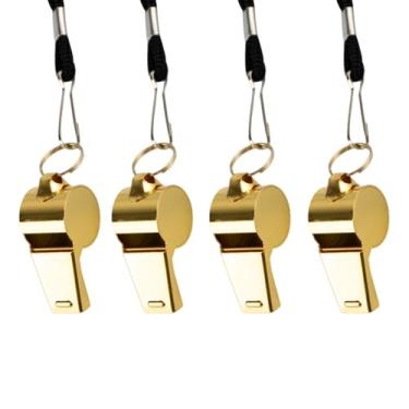 Imagem de zuylikxy Pacote com 4 apitos dourados de aço inoxidável com cordões - Apitos esportivos de metal premium super altos para árbitros, treinadores, professores, treinamento e atividades de emergência ao