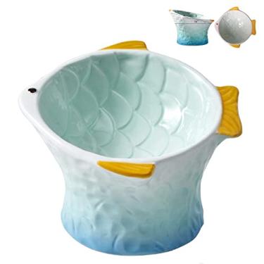 Imagem de Tigela de comida de cerâmica inclinada para gatos - Prato de gato inclinado e inclinado para gatos em forma de peixe fofo - Alimentador personalizado para animais de estimação para gatinhos secos e