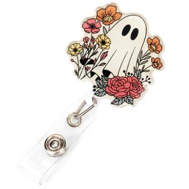 Imagem de Carretel de crachá fofo de fantasma floral de Halloween para crachá de identidade, suporte retrátil para crachá, acessórios de clipe jacaré para enfermeira, trabalhadora médica, estudante de