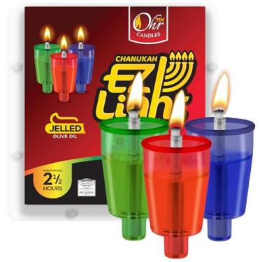 Imagem de Velas de óleo de menorá coloridas pré-cheias - velas de Hanukkah luzes EZ - azeite de oliva 100% gelatinoso com pavio de algodão em copo de plástico - tamanho médio, 44 por pacote, queima