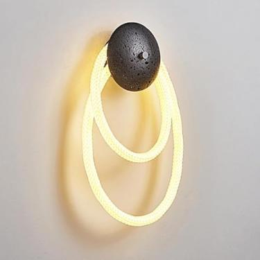 Imagem de Luminária de parede LED estilo Wabi Sabi de cabeceira em formato de anel em travertino para sala de estar, restaurante, loft, cozinha (preto, 2 círculos)