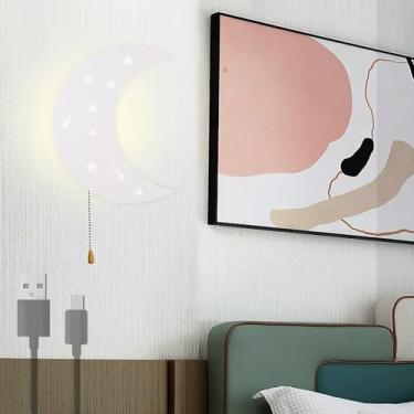 Imagem de Luminária de parede lunar operada por bateria, luz noturna para quarto infantil, luzes de parede LED com interruptor de cordão, iluminação de parede acrílica, luminárias modernas de cabeceir