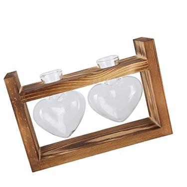 Imagem de Vaso de Vidro Hidropônico Estilo Vintage para Plantas Pothos, Plantador de Mesa Deco Com Suporte de Madeira, Moldura retrô + Conjunto de Garrafas de Coração, Perfeito para