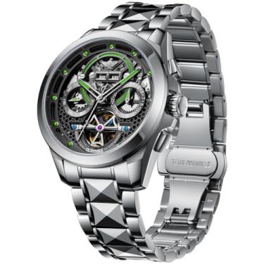 Imagem de OUPINKE Relógio de pulso masculino automático, cristal de safira, calendário, esqueleto, luminoso, mostrador 3D com pulseira de aço de tungstênio de luxo à prova d'água 5 ATM, Verde