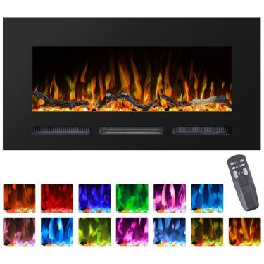 Imagem de Lareira Elétrica de Embutir A54x106L cm com Temporizador, Controle Remoto, Brilho Ajustável, 13 Chamas Coloridas, Tora e Cristal, 110V