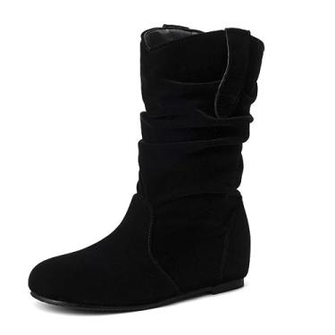 Imagem de AngryMonkey Botas femininas de cano médio, cano médio, cano baixo, dobras, de couro sintético, para inverno, sem cadarço, cano alto, plus size, Camurça preta, 43