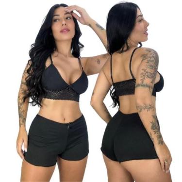Imagem de Short Doll Feminino Para Dormir Top Cropeed Short Renda Confortável Li