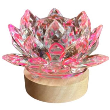 Imagem de Luminária Decorativa de Mesa Flor de Lótus em Cristal feng shui, LED base de madeira branco quente Prime Cores (Rosa)