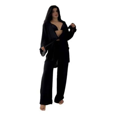 Imagem de Blusa E Calça Em Tecido Leve  Saída De Praia Lisa - NoBrand, Preto, UN