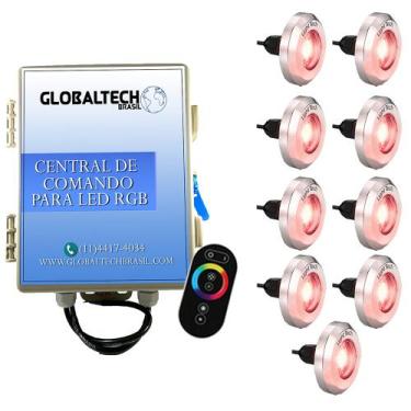 Imagem de Kit 9 Tiny Led Piscina Inox 316 RGB 20W + Central + Controle - Light T