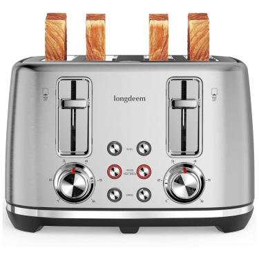 Imagem de Torradeira Retrô 4 Fatias com Desligamento Automático e 6 Níveis de Tostagem, 110V 1500W, LONGDEEM, Prata