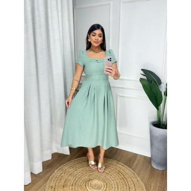 Imagem de Vestido midi com mangas e decote quadrado e detalhe de doblas com elas