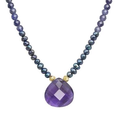 Imagem de GEMTAL Colares de gargantilha com pingente para mulheres na moda, colar feminino com contas de 3 mm, colar simples de contas de pedra lápis-lazúli, 16.5 inch, Gema, Ametista