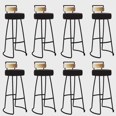 Imagem de Kit 08 Banqueta Alta Alice Bar Balcão Cozinha Com Encosto Madeira Ferro Preto Sintético Marrom - Ahz Móveis