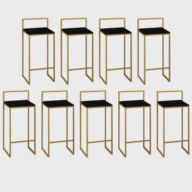 Imagem de Kit 09 Banquetas Alta Com Encosto Lino Industrial Balcão Bistrô Ferro Dourado mdf Madeira Preto - Ahz Móveis