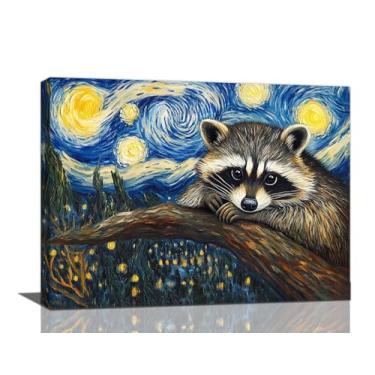 Imagem de Taimeng Linda tela emoldurada de guaxinim, céu estrelado, arte de parede, imagens de animais para quarto, escritório, decoração de parede para banheiro, sala de estar, pintura, arte moderna, pôster