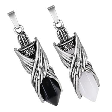 Imagem de TUMBEELLUWA Pacote com 2 colares hexagonais com pingente de ponto de cristal unissex, conjunto de pingentes de pedra facetada de asa de anjo com correntes, Cristal de rocha e obsidiana preta, Cristal