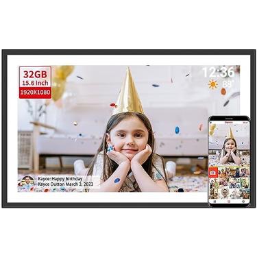 Imagem de Moldura digital Frameo, moldura digital grande WiFi de 15,6 polegadas 32 GB com tela sensível ao toque Full HD de 1920 x 1080, montagem na parede, rotação automática, fácil de enviar fotos e vídeos