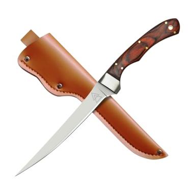 Imagem de Faca de filé Kratos ZF3 | Lâmina fixa de aço de qualidade de 17,78 cm | Bainha de couro de poliuretano | Borda afiada e durável | Alça de madeira | Caça ao ar livre