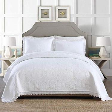 Imagem de AKALNNB Conjunto de colcha 3 peças de colcha branca acolchoada tamanho king size 230 x 250 cm leve quente em relevo flores de algodão colcha de cama cobertores com 2 fronhas 50 x 7