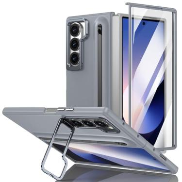 Imagem de POYUFRG Capa para Samsung Galaxy Z Fold 6, capa de telefone fosca de proteção completa com suporte para S-Pen e capa de suporte de lente de metal, cinza, Z Fold 6