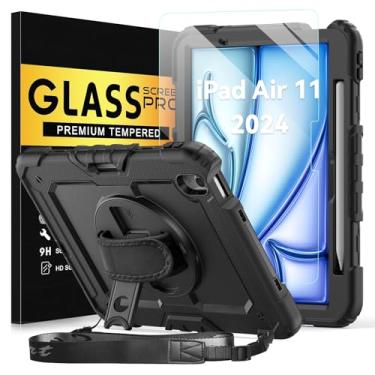 Imagem de Nova capa para iPad Air de 11 polegadas 6ª geração M2 (2024) com protetor de tela de vidro temperado e suporte para lápis BLOSOMEET iPad Air 11 com alça de mão e alça de ombro (preto)