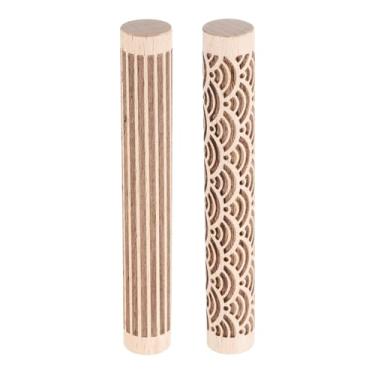 Imagem de HARFINGTON 2 peças de rolo de argila de madeira 10,2 cm com padrão de linhas retas de onda de água, ferramentas de cerâmica, rolos de textura de grão de madeira para argila para assar massa, massa