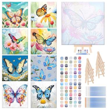 Imagem de RoundFunny Kit de 8 conjuntos de pintura por números para adultos com mini pintura simples em tela de 20 x 20 cm, armação de madeira, cavalete de pincéis de tintas acrílicas, kit de desenho de números