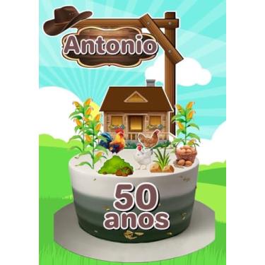 Imagem de Topo de Bolo Personalizado Fazenda, Decoração Rústica para Anos ou Meses, com Galinhas e Milho,