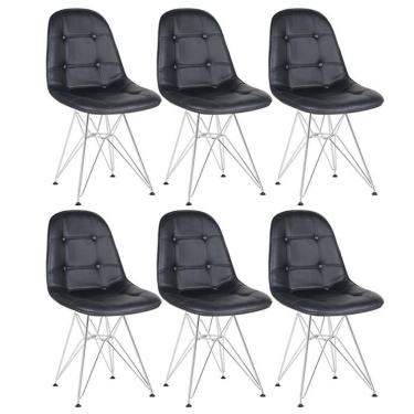 Imagem de Kit 6 Cadeiras Estofadas Charles Eames Eiffel Botonê Com Pés De Metal Cromado Preto Preto