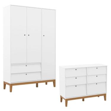 Imagem de Cômoda 6 Gavetas E Guarda Roupa Unique 3 Portas Branco Soft Eco Wood - Matic