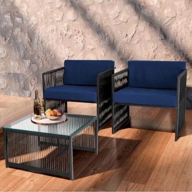 Imagem de Conjunto De 2 Poltronas E Mesa De Centro Quadrada Com Tampo Preto/azul