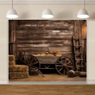 Imagem de Pano de fundo para fotos de caubóis ocidentais de 3 x 2,4 m, celeiro antigo com roda antiga, fardos de feno, tema country, fotografia de fundo, decorações de festa ocidental, adereços de fotos para