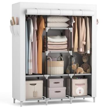Imagem de VTRIN Guarda-Roupa Portátil Para Pendurar Roupas Com 2 Hastes E 8 Prateleiras Organizadoras, Capa Resistente Cabideiro Grande Independente, Branco