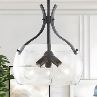 Imagem de ZLNIDJIA Lustre Grande De Vidro 15,7", Luminária Pendente Redonda Preta Com 3 Luzes, Estilo Industrial, Fazenda, Cúpula Para Sala Jantar, Cozinha, Pia, Corredor E Entrada