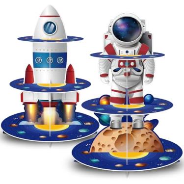 Imagem de WEEPA Conjunto de 2 peças, 3 níveis, desenho animado, foguete espacial, tema astronauta, cupcake, exibição futurista, torre de petiscos, para festa, chá de bebê, aniversário