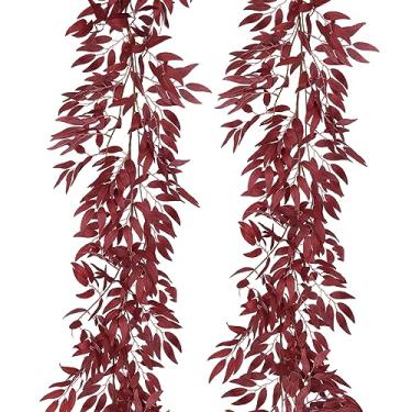 Imagem de RECUTMS Folhas de salgueiro artificiais penduradas galhos de videira 2 peças de seda falsa borgonha folha hera outono guirlanda interior ao ar livre dia dos namorados casamento, aniversário, Natal,