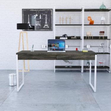 Imagem de Mesa Diretor 150x60x75cm Com 2 Gavetas Kuadra Carvalho Dark Estrutura Branca