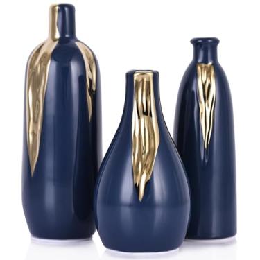Imagem de Conjunto de 3 mini vasos de cerâmica azuis e dourados, pequenos vasos de cerâmica para decoração, vasos de botão para mesa de centro de mesa de cabeceira, cozinha, bandeja de mesa de centro para casa