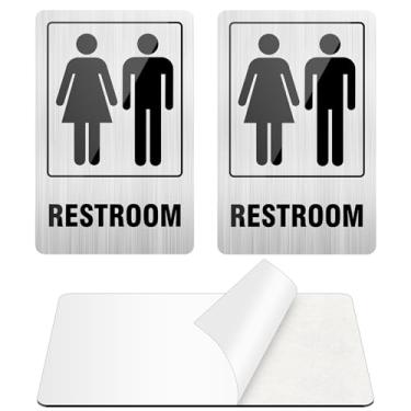 Imagem de Placa de banheiro (embalagem com 2) placas autoadesivas de banheiro para casa, placas de banheiro de alumínio para negócios, placa de banheiro unissex para porta e parede, livre de ferrugem para