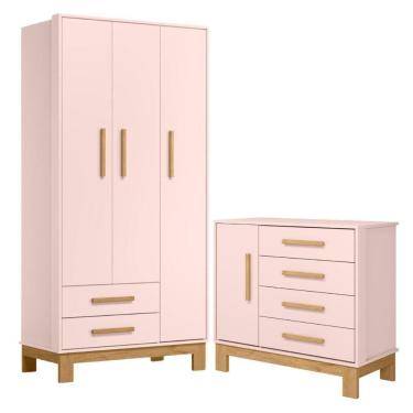 Imagem de Roupeiro Com 3 Portas E Cômoda Mlata Rosa Acetinado