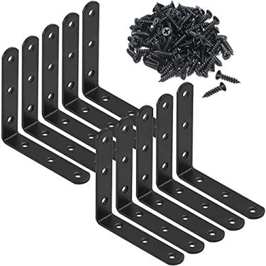 Imagem de 10 peças pretas em L, suporte de canto de 10 cm, aço inoxidável, suporte de prateleira resistente para madeira, prateleiras, suporte para pendurar na parede, junta de 90 graus, suportes de ângulo reto com parafusos