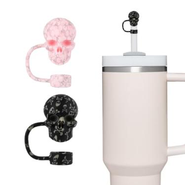 Imagem de Pacote com 2 tampas de canudo de caveira para copo stanley 30 e 1,134 g, acessórios de copo de água, tampa de cobertura de palha 3D reutilizável à prova de poeira, presente Hollaween (preto e rosa)