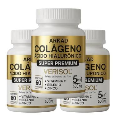 Imagem de Colágeno Verisol® com Ácido Hialurônico 500mg – Arkad Super Premium 5 em 1 – Vitamina C, Zinco, Selênio – Pele, Cabelos, Unhas – Antirrugas e Firmeza – 60 cápsulas